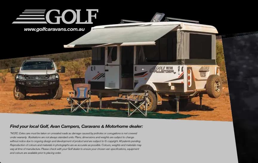 Golf brochure cover showing a caravan campsite